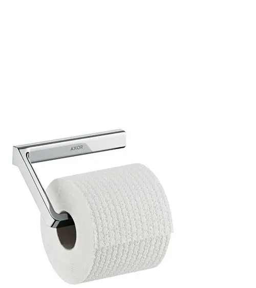 Toilettenpapierhalter in chromfarbener Ausführung, montiert an der Wand, mit einem weißen Toilettenpapier. Produkt der Marke AXOR.